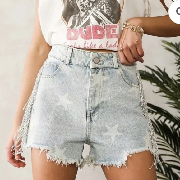Buckle Light Blue Star Denim Shorts - Picture 1 of 10